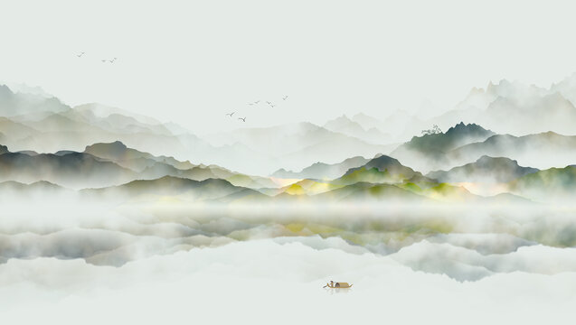 新中式青綠水墨山水