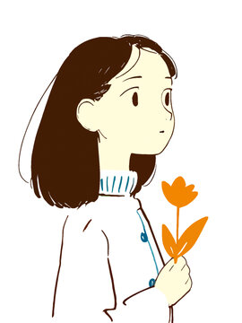卡通插畫小女孩拿著一束花