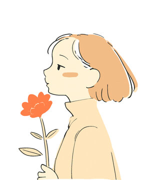 卡通矢量插畫小女孩拿花