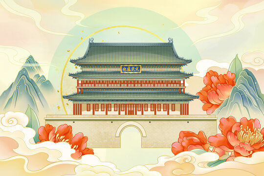 西安鼓樓古建筑插畫