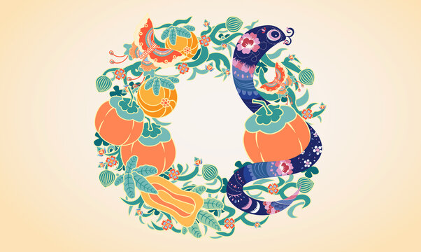 瓜瓞綿延乙巳蛇年生肖國風(fēng)紋樣插畫