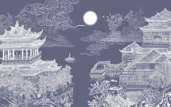 中式刺繡樓閣山水畫