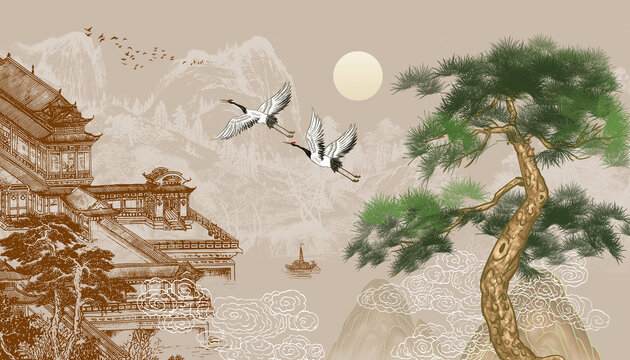 迎客松山水樓閣背景墻
