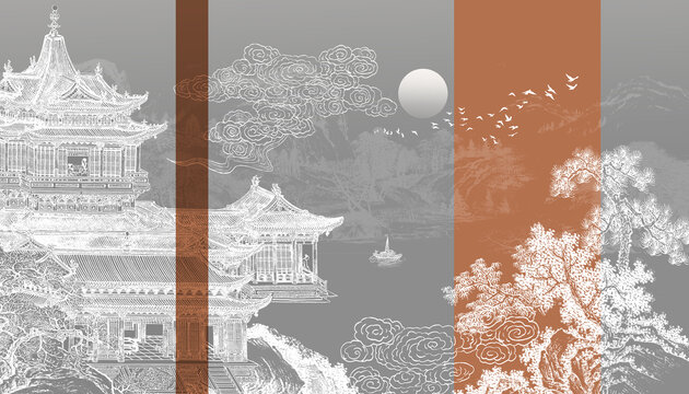 中式樓閣山水畫背景