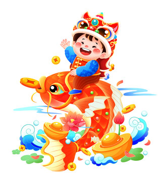 新年春節(jié)福娃釣魚錦鯉插畫