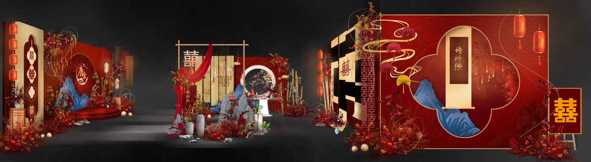 紅藍(lán)色新中式婚禮效果圖