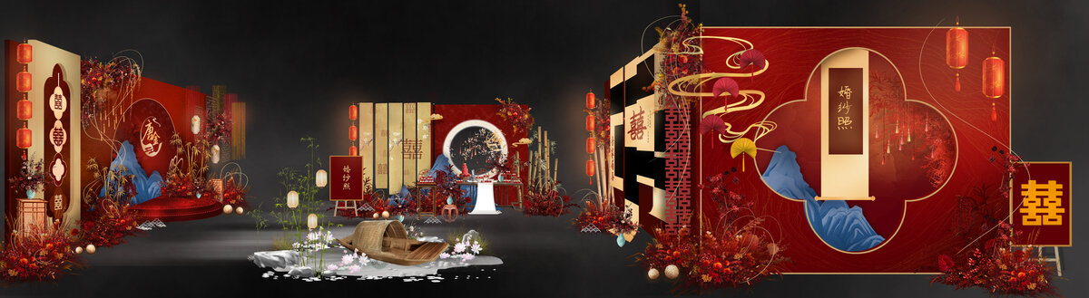 紅藍(lán)色新中式婚禮效果圖