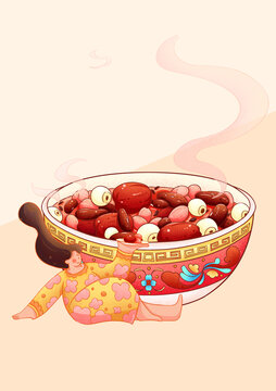 臘八粥人物組合插畫