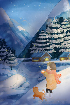 冬天雪天女孩手捧雪花治愈系場景插畫