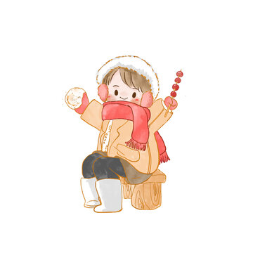 小女孩拿糖葫蘆和糍粑免扣素材手繪插畫