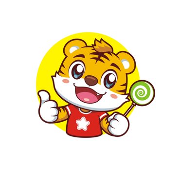 卡通可愛(ài)老虎吃棒棒糖頭像矢量圖