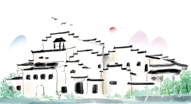 江南徽派建筑水墨插畫