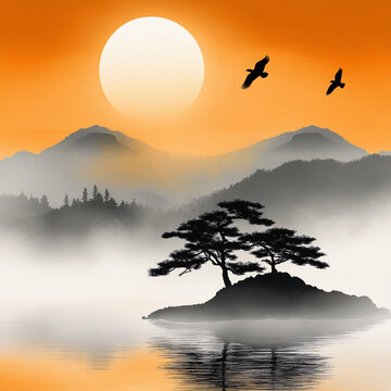 山水松鶴