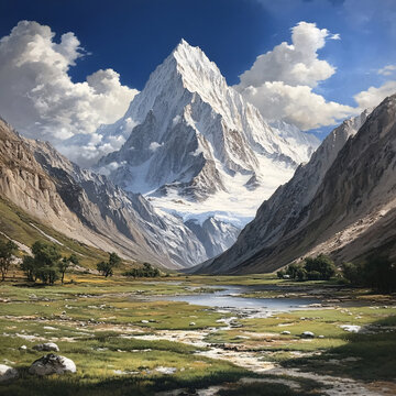 雪山河流油畫