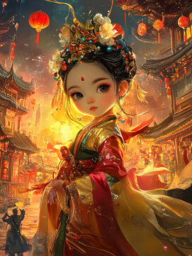 國風漫畫新年女孩