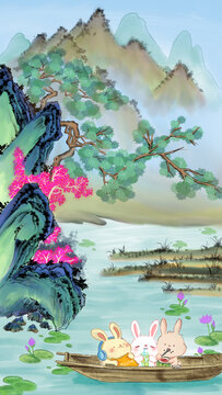 兔子山水插畫