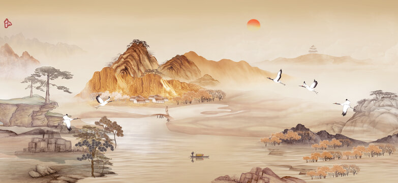 高端新中式山水背景墻