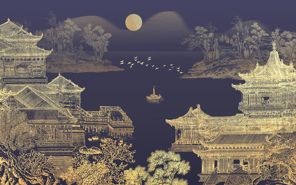 金色刺繡樓閣山水背景