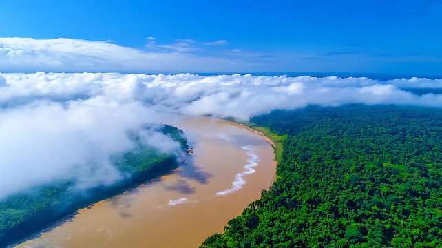 云霧繚繞的熱帶雨林河流全景