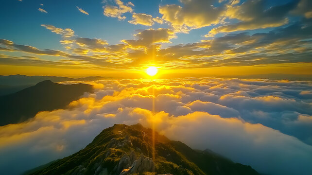 云海之上金色的日出山峰美景