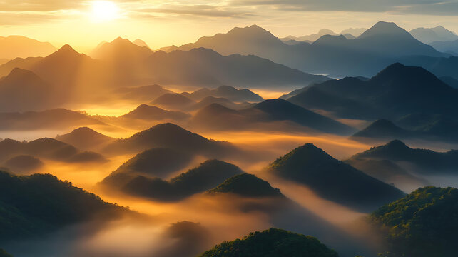 晨霧繚繞山峰的壯麗日出