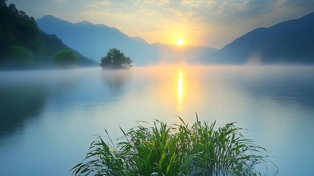 晨霧中的山湖日出美景