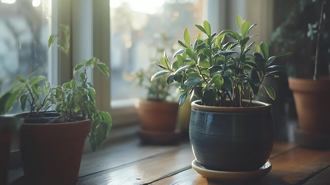 陽光灑進(jìn)窗邊的綠植盆栽