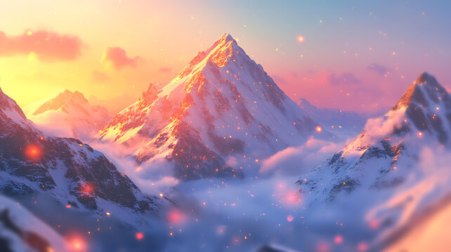 夢幻冬日雪山日出景觀圖