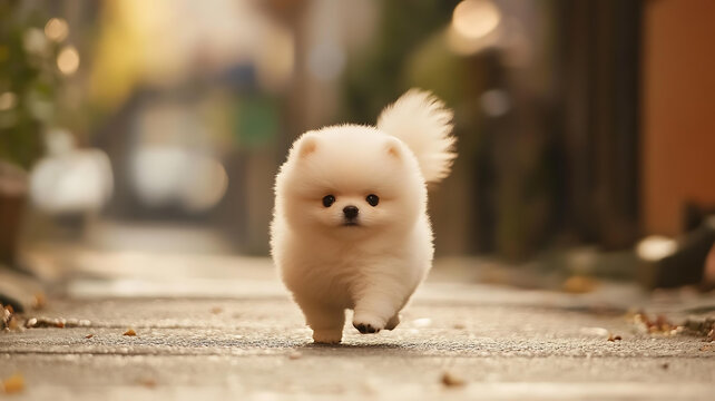 可愛的小博美犬在戶外奔跑