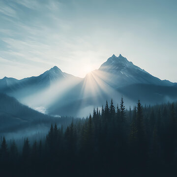云霧繚繞下的山峰日出美景