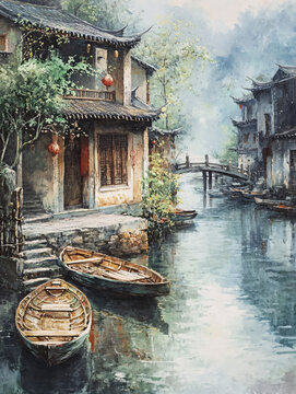 江南古鎮(zhèn)油畫效果