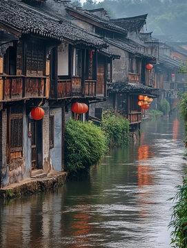 雨天古鎮(zhèn)河道
