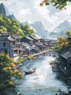 水鄉(xiāng)村鎮(zhèn)場景