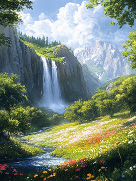山水風景油畫瀑布