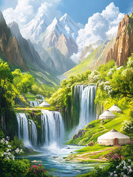 山水風(fēng)景油畫瀑布