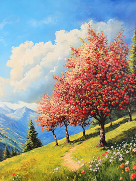 桃花風(fēng)景油畫