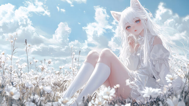 花叢中白發(fā)少女