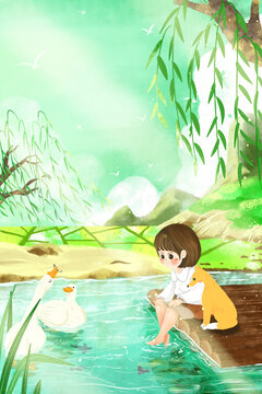 二十四節(jié)氣清明玩水治愈系插畫