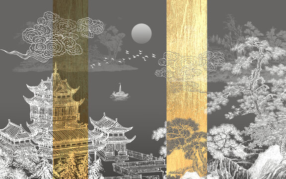 新中式線描樓閣山水畫背景