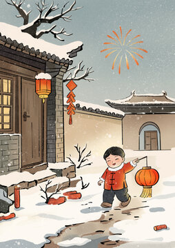 新年春節(jié)水彩國風(fēng)水墨插畫