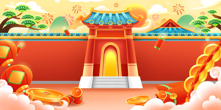 喜慶中國風(fēng)古建筑宅院門場景背景插畫