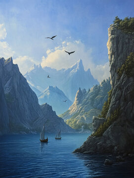 山峰漁船群山油畫壁畫