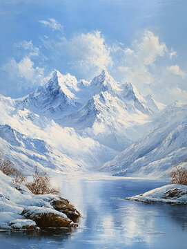 雪山河流油畫