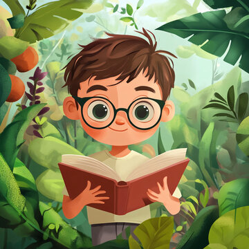 卡通讀書場景