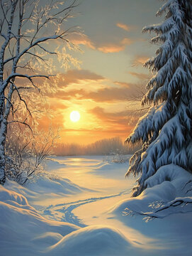 冬天森林夕陽雪景