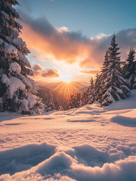 冬天森林夕陽雪景