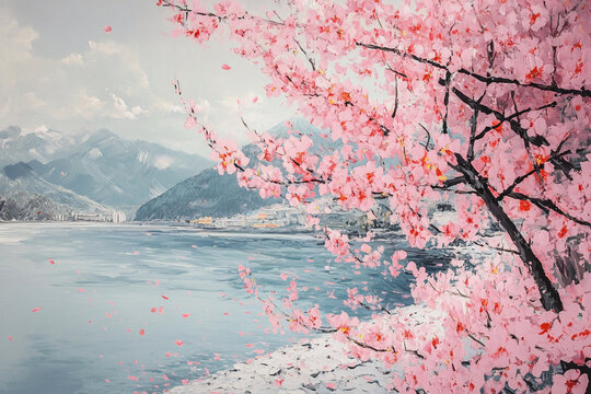 桃花風(fēng)景油畫(huà)