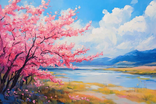 桃花風景油畫
