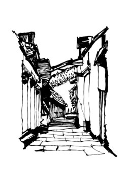 湘江邊古鎮(zhèn)老街手繪線(xiàn)稿鋼筆畫(huà)