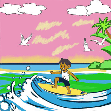 海上沖浪的男孩